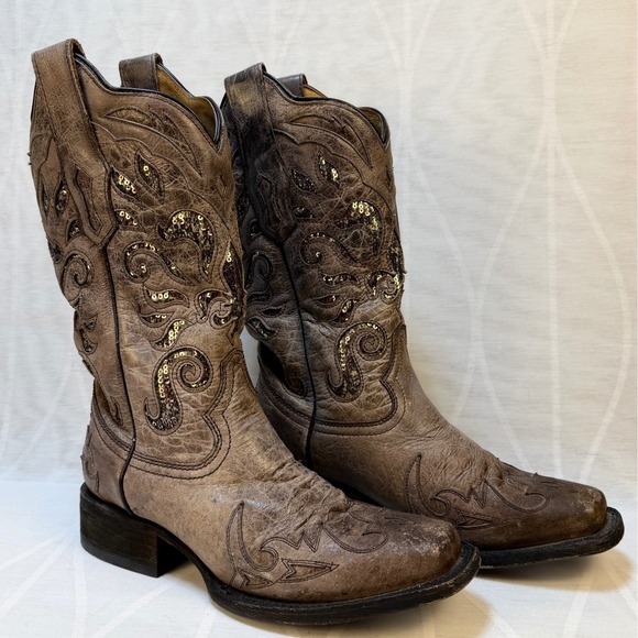 Corral Boots Women's Cowboy Boots Size 6M Brown Sequin Inlay Western Leather